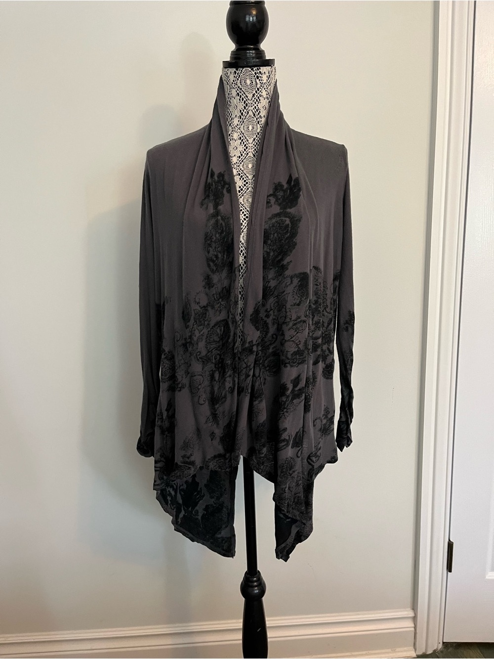 All Saints Charcoal Gray Draped Floral Burnout Cardigan